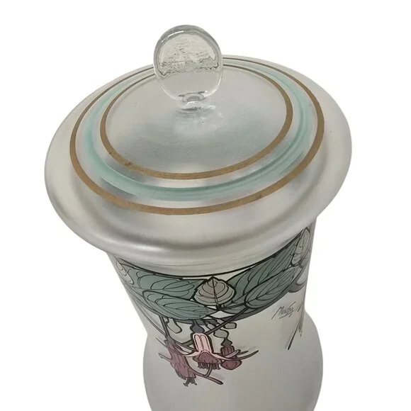 10 Mucha Art Glass Fuchsia Design Satin Glass Canister With Lid